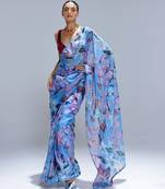 Blue printed organza saree
