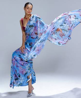 Blue printed organza saree 5
