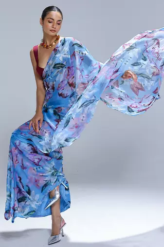Blue printed organza saree