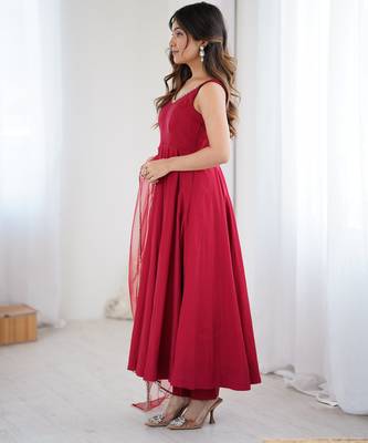 Red chanderi pure roman silk anarkali suit 3