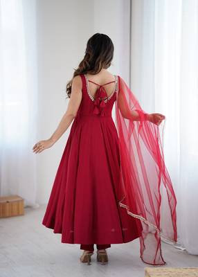 Red chanderi pure roman silk anarkali suit 4