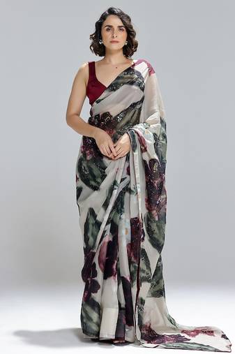 Multicolor printed organza saree