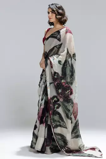 Multicolor printed organza saree