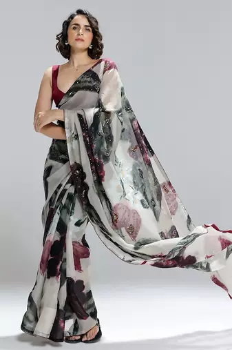 Multicolor printed organza saree