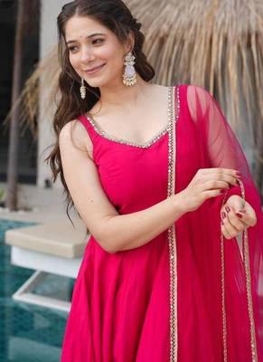Rani pink chanderi pure roman silk anarkali suit 3