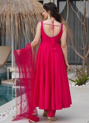 Rani pink chanderi pure roman silk anarkali suit 4