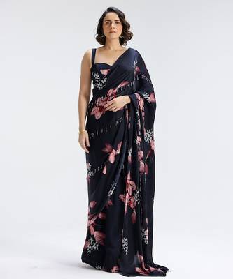 Blue printed georgette saree 1