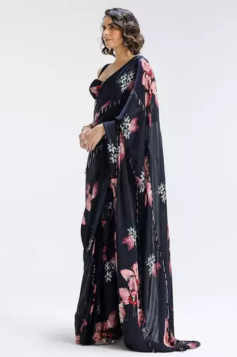 Blue printed georgette saree