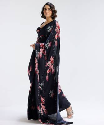 Blue printed georgette saree 5