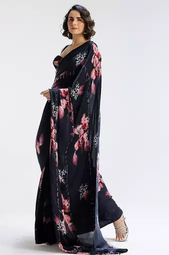 Blue printed georgette saree