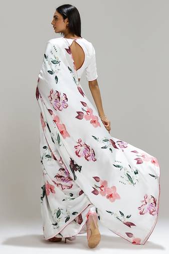 White printed georgette saree