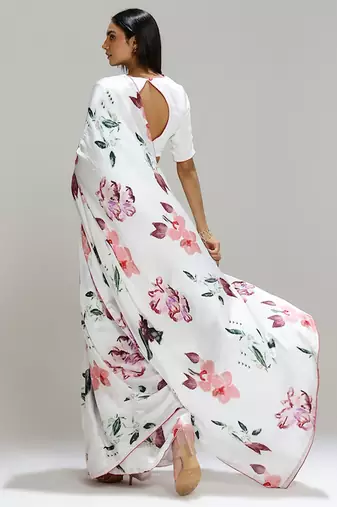 White printed georgette saree