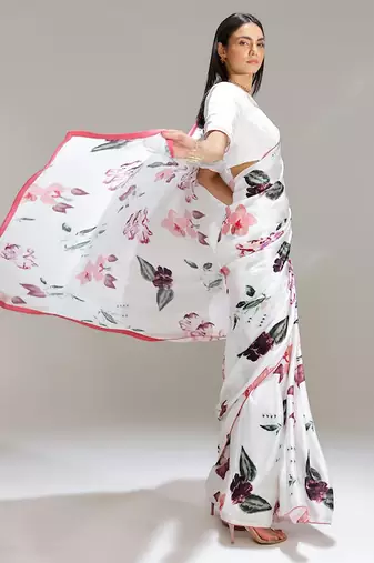White printed georgette saree