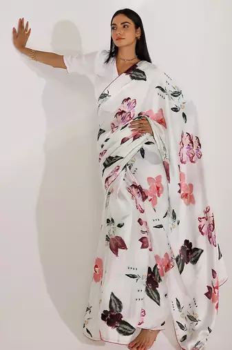 White printed georgette saree