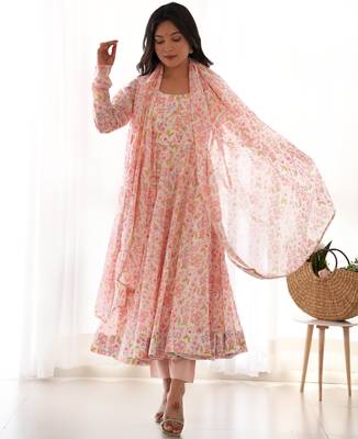 Multi pink chiffon floral print three piece anarkali suit 1