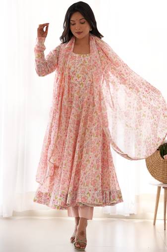 Multi pink color chiffon floral print three piece anarkali suit