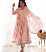 Multi pink chiffon floral print three piece anarkali suit