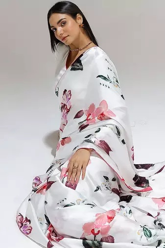 White printed georgette saree