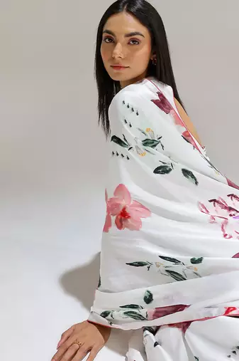 White printed georgette saree