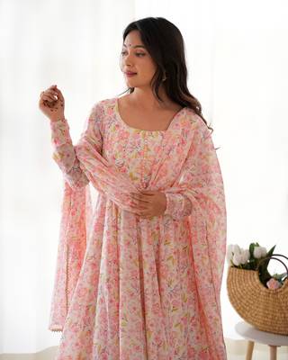 Multi pink chiffon floral print three piece anarkali suit 2