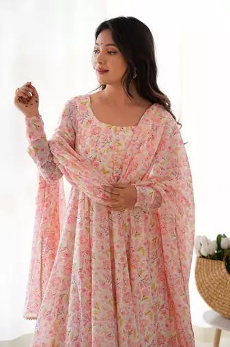 Multi pink chiffon floral print three piece anarkali suit