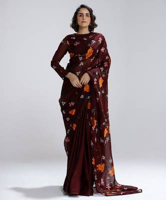 Maroon printed organza saree 1