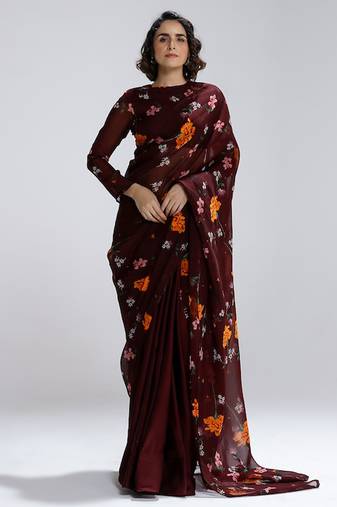 Maroon printed organza saree