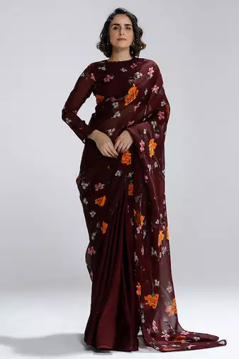 Maroon printed organza saree