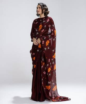 Maroon printed organza saree 2