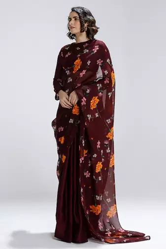 Maroon printed organza saree