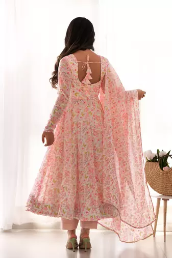 Multi pink chiffon floral print three piece anarkali suit