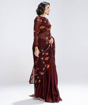 Maroon printed organza saree 3