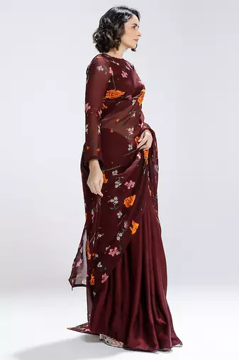 Maroon printed organza saree