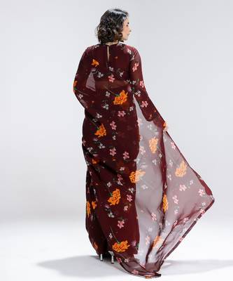 Maroon printed organza saree 4