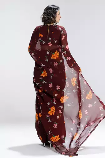 Maroon printed organza saree