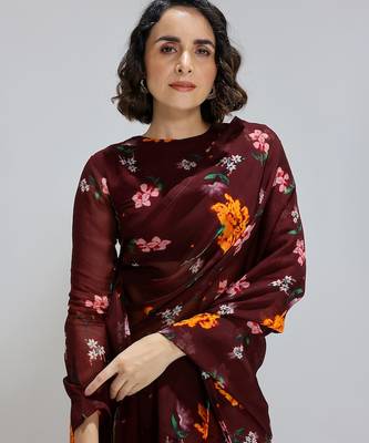 Maroon printed organza saree 5