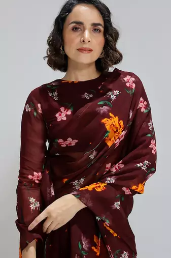 Maroon printed organza saree