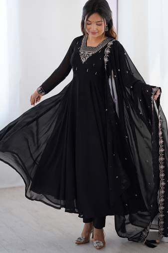 Beautiful black designer embroidery beads and zari work gown with dupatta