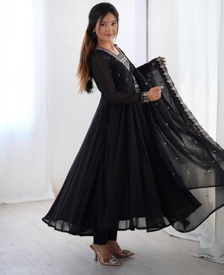 Beautiful black designer embroidery beads and zari work gown with dupatta 3