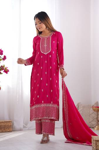 Rani pink color chinon silk three piece kurti suit