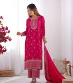 Rani pink chinon silk three piece kurti suit
