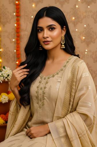 women's beige silk blend banarasi jacquard embroidered