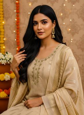 women's beige silk blend banarasi jacquard embroidered 1