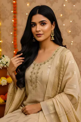 women's beige silk blend banarasi jacquard embroidered