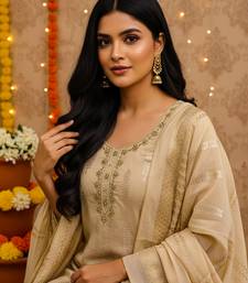 women's beige silk blend banarasi jacquard embroidered