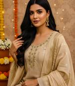 women's beige silk blend banarasi jacquard embroidered