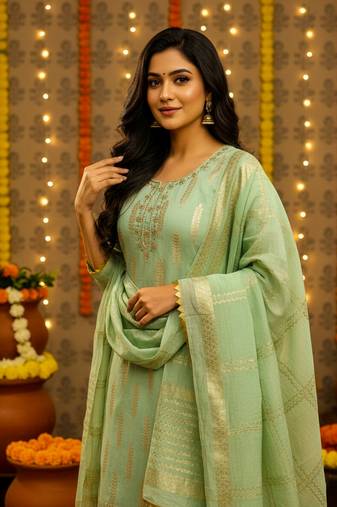 women's green silk blend banarasi jacquard embroidered