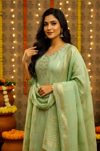 women's green silk blend banarasi jacquard embroidered