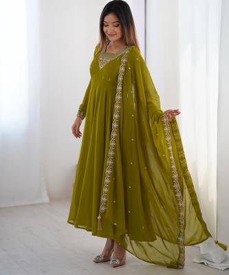 Mehndi green designer embroidery beads and zari work gown with dupatta 4