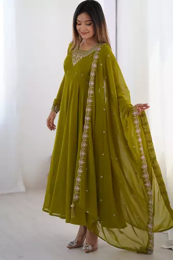 Mehndi green designer embroidery beads and zari work gown with dupatta
